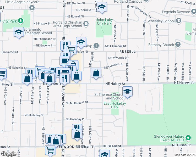 map of restaurants, bars, coffee shops, grocery stores, and more near 12672 Northeast Weidler Street in Portland