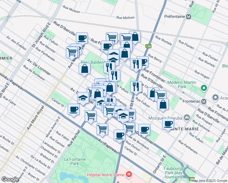 map of restaurants, bars, coffee shops, grocery stores, and more near 3590 Rue Messier in Montréal