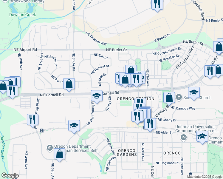 map of restaurants, bars, coffee shops, grocery stores, and more near 5934 Northeast Ray Circle in Hillsboro