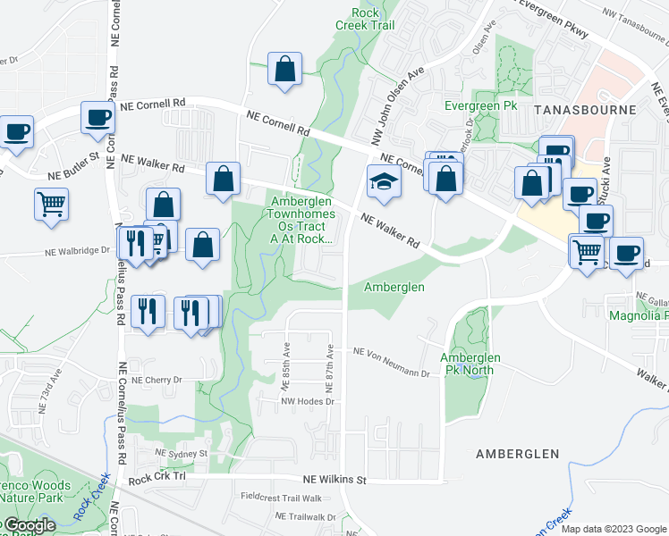 map of restaurants, bars, coffee shops, grocery stores, and more near 2004 Northeast Cadbury Avenue in Beaverton