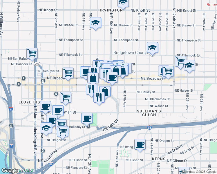 map of restaurants, bars, coffee shops, grocery stores, and more near 1501 Northeast 15th Avenue in Portland