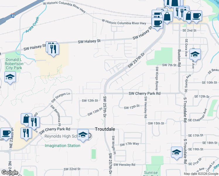 map of restaurants, bars, coffee shops, grocery stores, and more near 1189 Southwest Livingston Place in Troutdale
