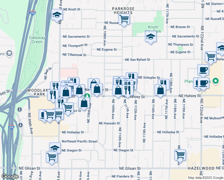map of restaurants, bars, coffee shops, grocery stores, and more near 10930 Northeast Weidler Street in Portland