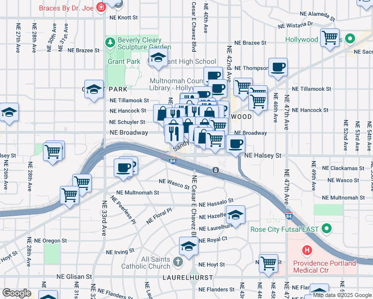 map of restaurants, bars, coffee shops, grocery stores, and more near 3800 Northeast Sandy Boulevard in Portland