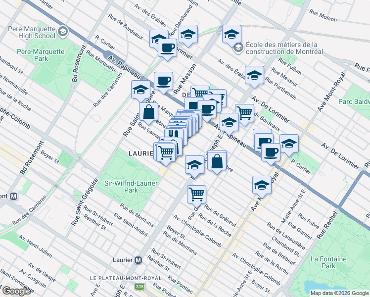 map of restaurants, bars, coffee shops, grocery stores, and more near 1472 Avenue Laurier Est in Montréal