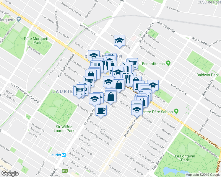 map of restaurants, bars, coffee shops, grocery stores, and more near 1586 Boulevard Saint-Joseph Est in Montréal