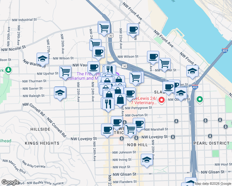 map of restaurants, bars, coffee shops, grocery stores, and more near 2021 West Burnside Street in Portland