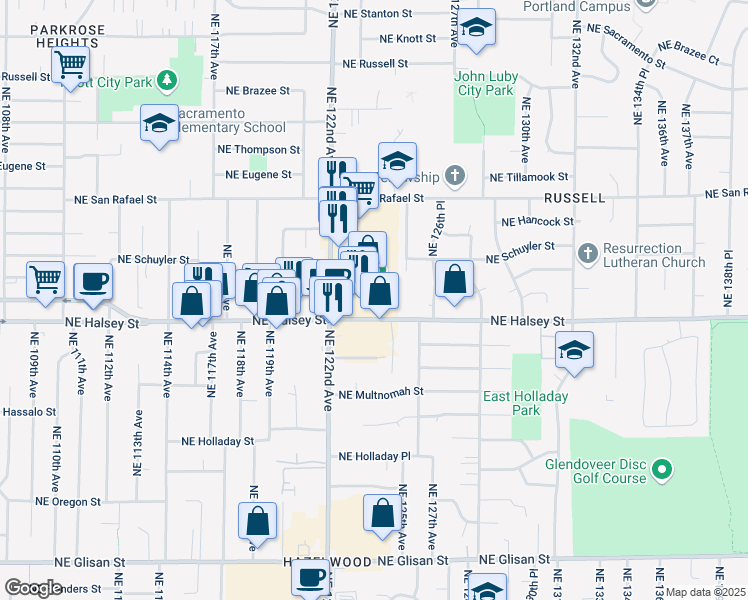map of restaurants, bars, coffee shops, grocery stores, and more near 12321 Northeast Halsey Street in Portland