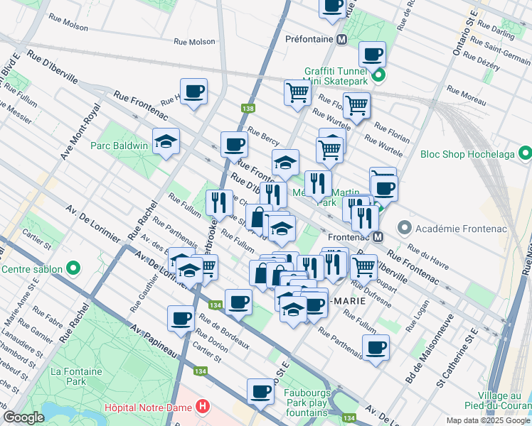 map of restaurants, bars, coffee shops, grocery stores, and more near 2373 Rue Chapleau in Montréal