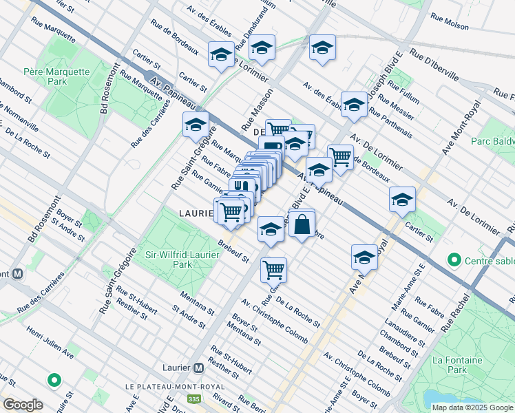 map of restaurants, bars, coffee shops, grocery stores, and more near 1474 Avenue Laurier Est in Montréal