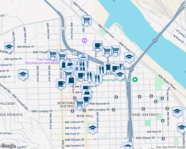 map of restaurants, bars, coffee shops, grocery stores, and more near 2030 Northwest Raleigh Street in Portland