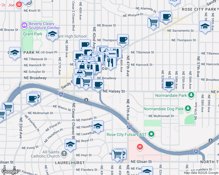 map of restaurants, bars, coffee shops, grocery stores, and more near 4353 Northeast Halsey Street in Portland