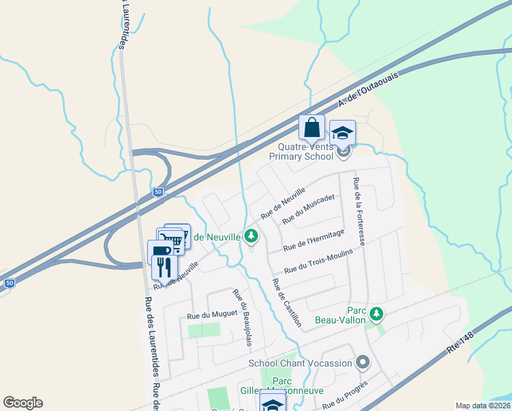 map of restaurants, bars, coffee shops, grocery stores, and more near 117 Rue du Sauvignon in Gatineau