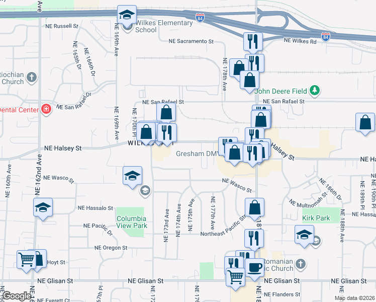 map of restaurants, bars, coffee shops, grocery stores, and more near 17420 Northeast Halsey Street in Portland