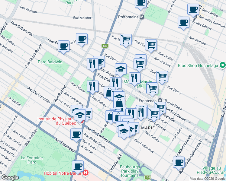 map of restaurants, bars, coffee shops, grocery stores, and more near 2377 Rue Chapleau in Montréal