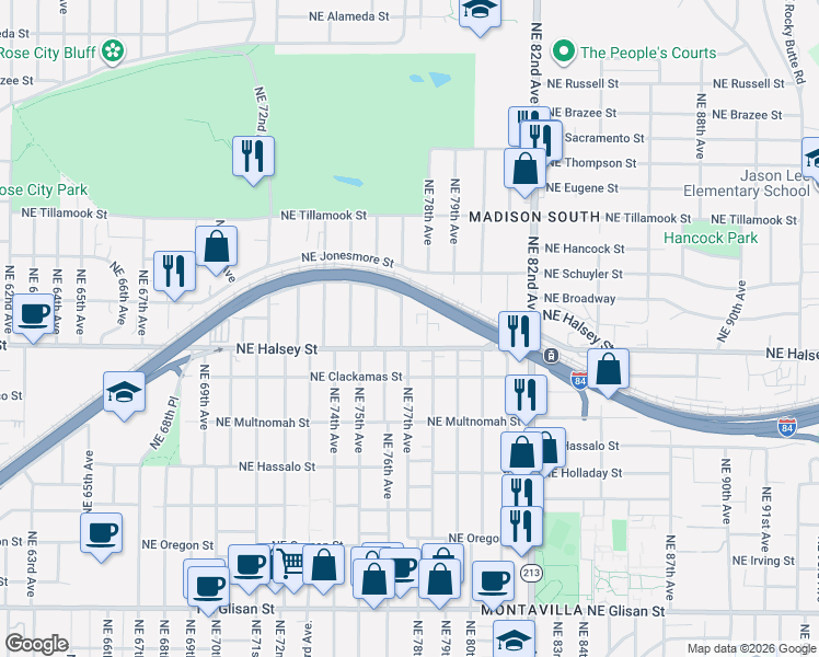 map of restaurants, bars, coffee shops, grocery stores, and more near 1536 Northeast 77th Avenue in Portland
