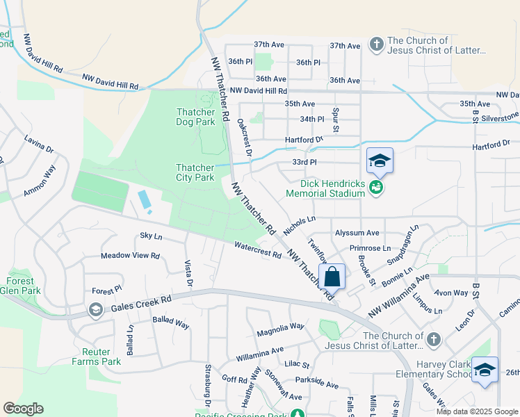 map of restaurants, bars, coffee shops, grocery stores, and more near 1900 Northwest Thatcher Road in Forest Grove