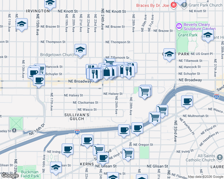 map of restaurants, bars, coffee shops, grocery stores, and more near 2500 Northeast Weidler Street in Portland