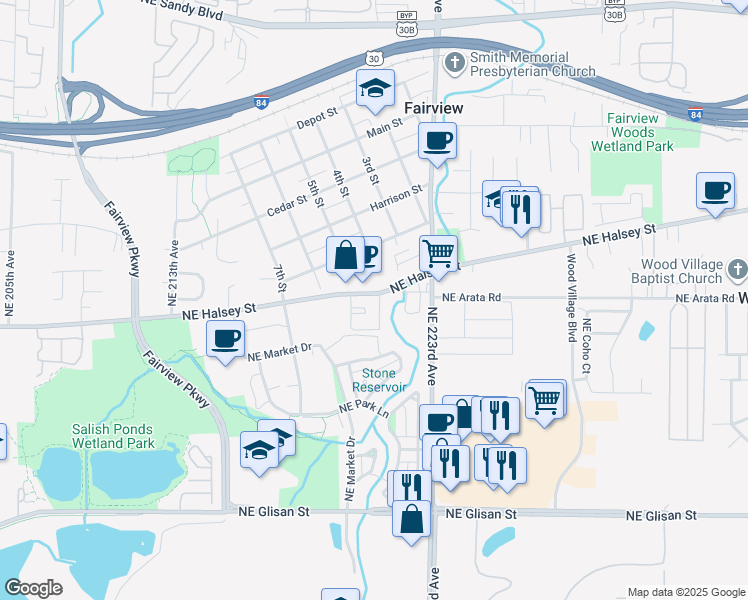 map of restaurants, bars, coffee shops, grocery stores, and more near 22000 Northeast Halsey Street in Fairview