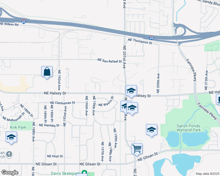 map of restaurants, bars, coffee shops, grocery stores, and more near 19849 Northeast Halsey Street in Portland