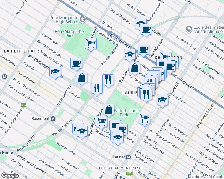 map of restaurants, bars, coffee shops, grocery stores, and more near 1205 Rue Saint-Grégoire in Montréal