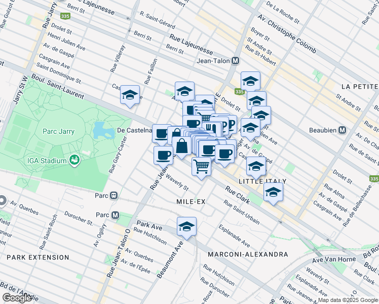 map of restaurants, bars, coffee shops, grocery stores, and more near in Montreal
