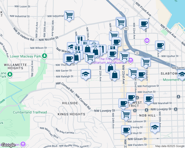 map of restaurants, bars, coffee shops, grocery stores, and more near 2577 Northwest Raleigh Street in Portland