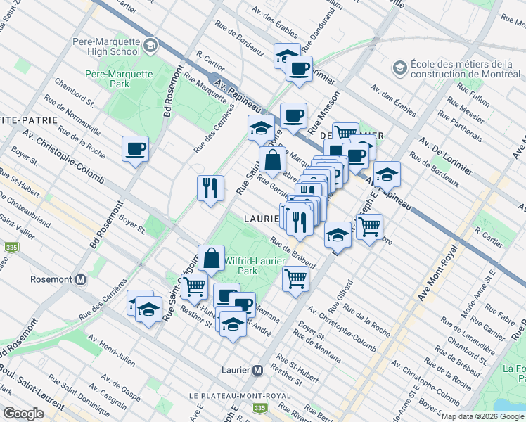 map of restaurants, bars, coffee shops, grocery stores, and more near 5281 Rue Chambord in Montréal