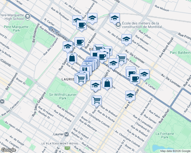 map of restaurants, bars, coffee shops, grocery stores, and more near 5060 Rue Fabre in Montréal