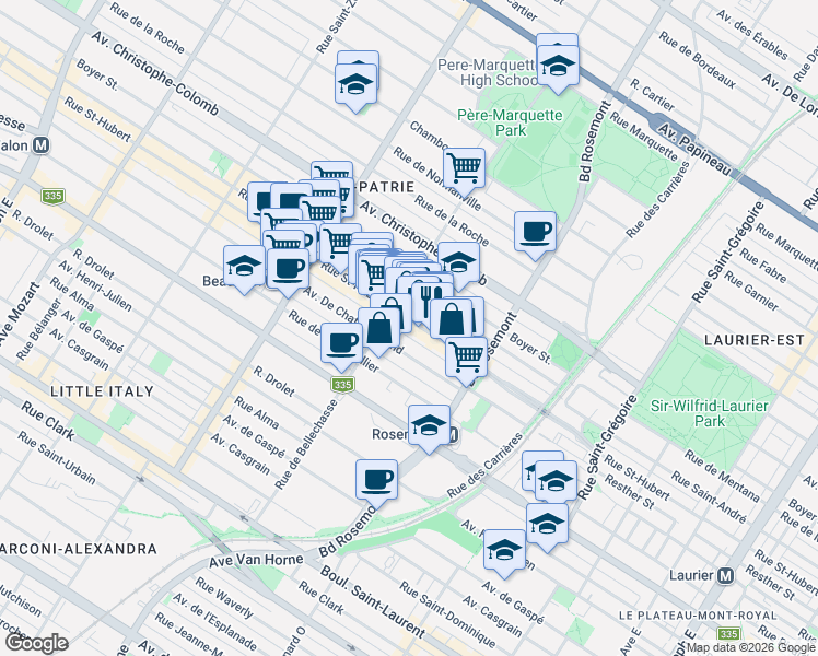 map of restaurants, bars, coffee shops, grocery stores, and more near 6008 Rue Saint-Hubert in Montréal
