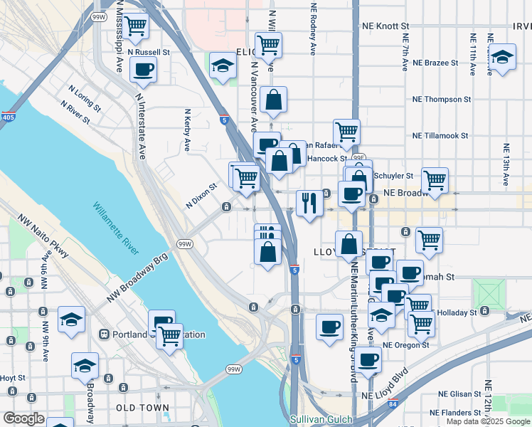 map of restaurants, bars, coffee shops, grocery stores, and more near 10 North Weidler Street in Portland