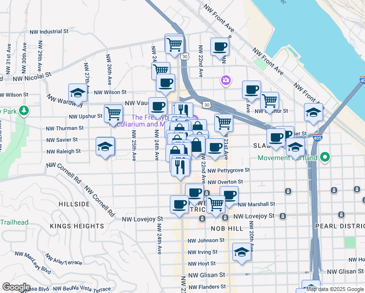 map of restaurants, bars, coffee shops, grocery stores, and more near 1606 Northwest 23rd Avenue in Portland