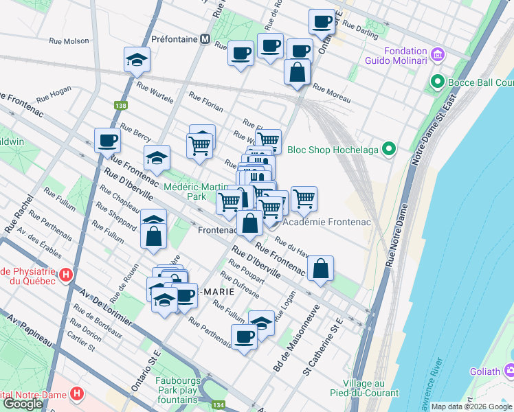 map of restaurants, bars, coffee shops, grocery stores, and more near 2660 Ontario Street East in Montreal
