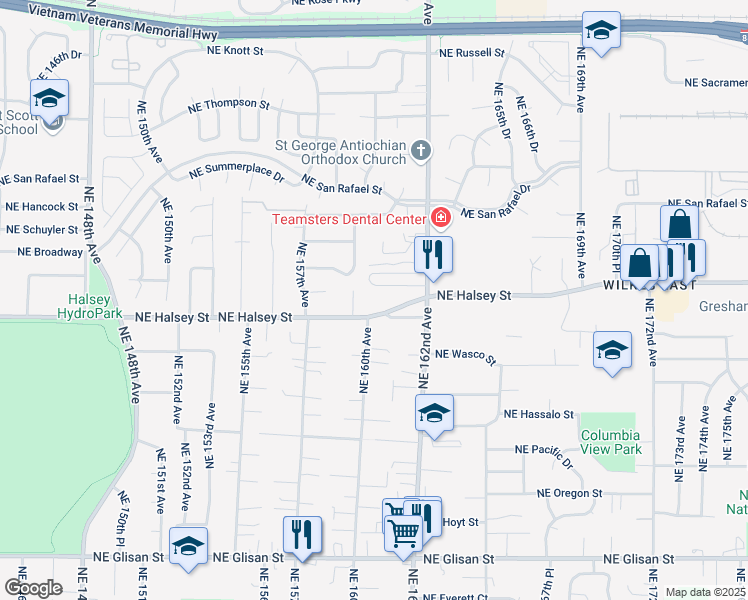 map of restaurants, bars, coffee shops, grocery stores, and more near 16045 Northeast Halsey Street in Portland