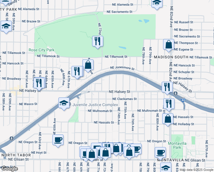 map of restaurants, bars, coffee shops, grocery stores, and more near 1514 Northeast 72nd Avenue in Portland