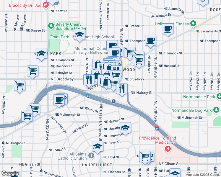 map of restaurants, bars, coffee shops, grocery stores, and more near 4001 Northeast Halsey Street in Portland