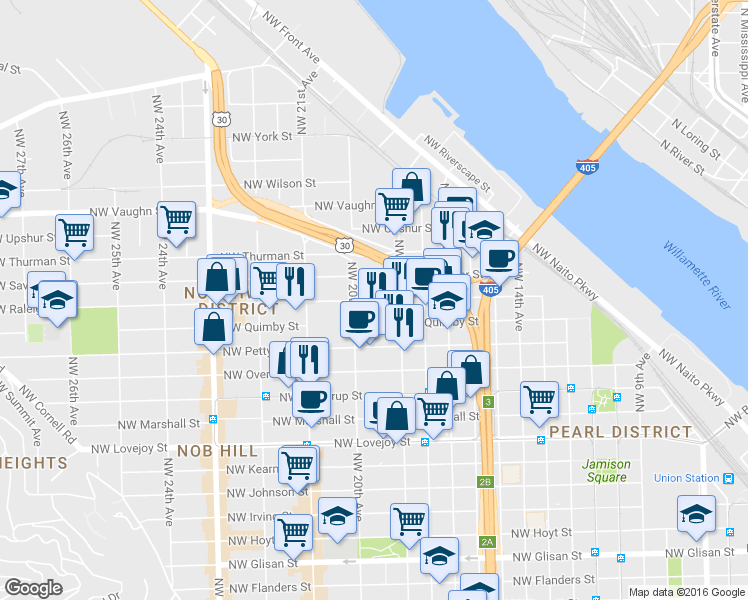 map of restaurants, bars, coffee shops, grocery stores, and more near 1978 Northwest Raleigh Street in Portland