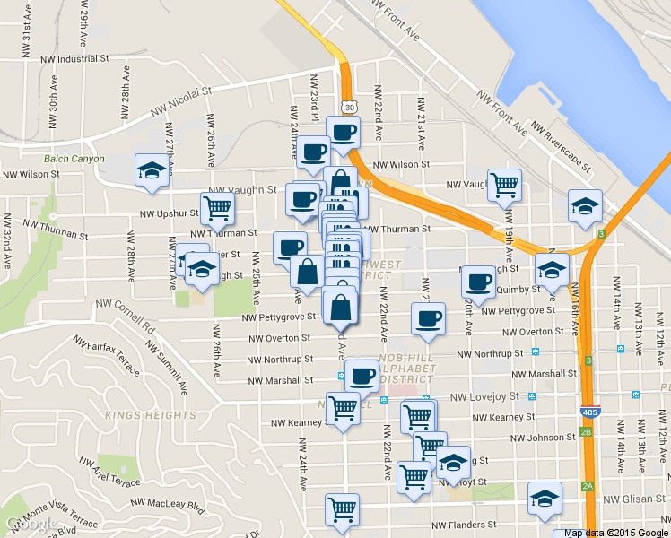 map of restaurants, bars, coffee shops, grocery stores, and more near 1536 Northwest 23rd Avenue in Portland