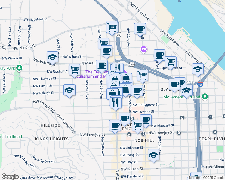 map of restaurants, bars, coffee shops, grocery stores, and more near 1536 Northwest 23rd Avenue in Portland