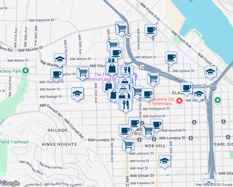 map of restaurants, bars, coffee shops, grocery stores, and more near 2356 Northwest Raleigh Street in Portland