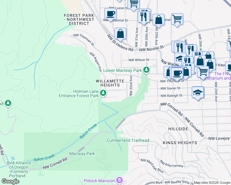 map of restaurants, bars, coffee shops, grocery stores, and more near 3409 Northwest Raleigh Street in Portland
