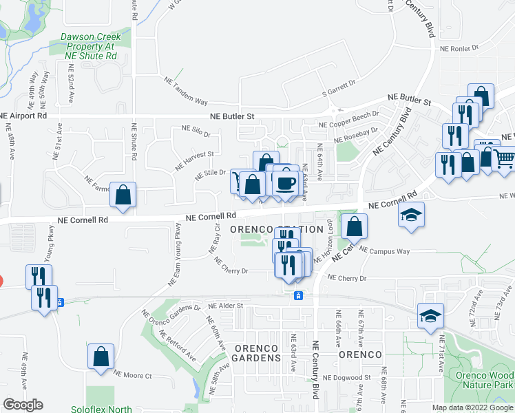 map of restaurants, bars, coffee shops, grocery stores, and more near 1415 Northeast 61st Avenue in Hillsboro