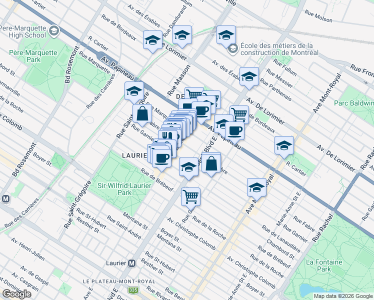 map of restaurants, bars, coffee shops, grocery stores, and more near 5062 Rue Fabre in Montréal