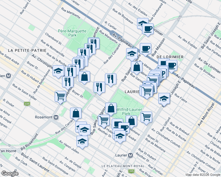 map of restaurants, bars, coffee shops, grocery stores, and more near 5517 Rue Gerry-Boulet in Montréal