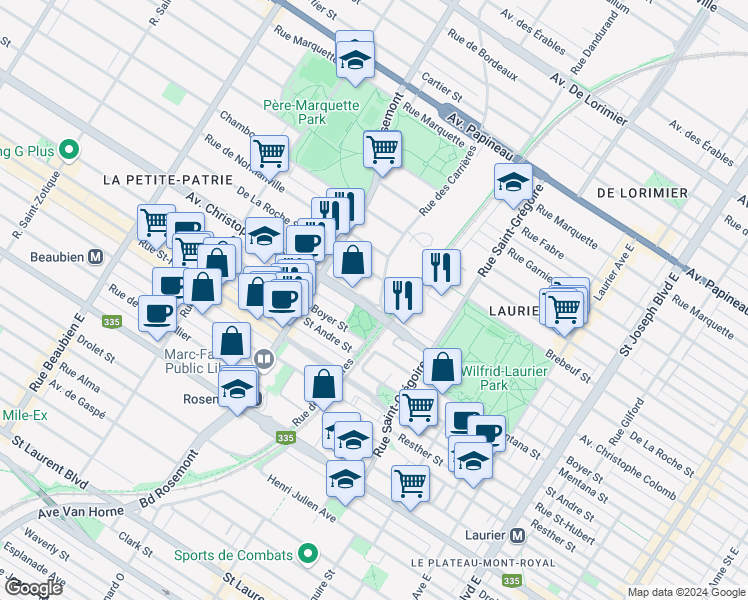 map of restaurants, bars, coffee shops, grocery stores, and more near 1101 Rue des Carrières in Montréal