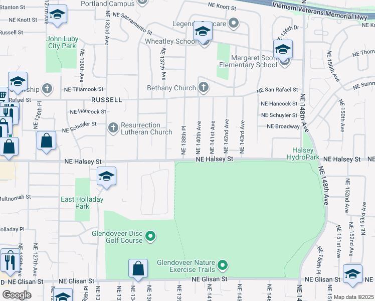 map of restaurants, bars, coffee shops, grocery stores, and more near 1600 Northeast 138th Place in Portland