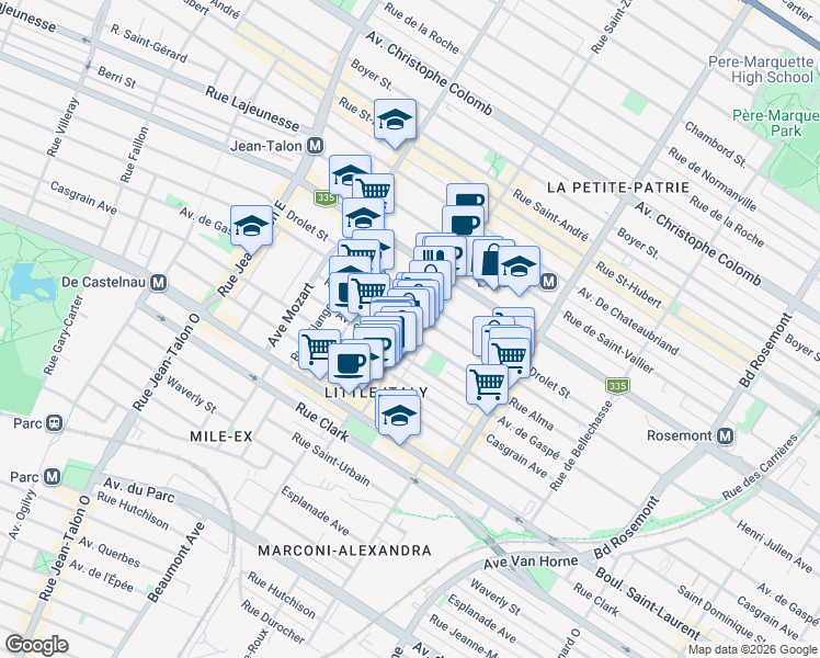 map of restaurants, bars, coffee shops, grocery stores, and more near 253 Rue Saint-Zotique Est in Montréal