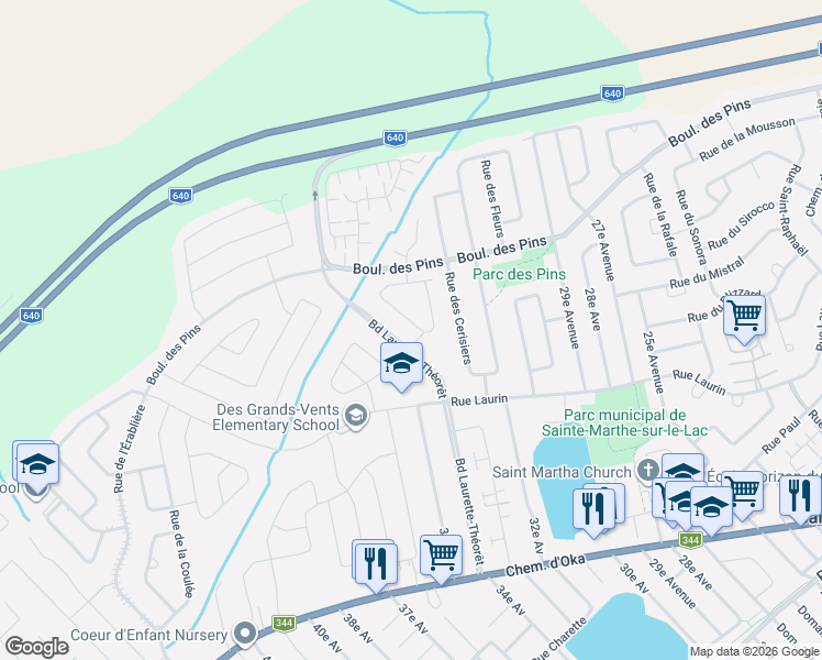 map of restaurants, bars, coffee shops, grocery stores, and more near 381 Rue du Merlot in Sainte-Marthe-sur-le-Lac