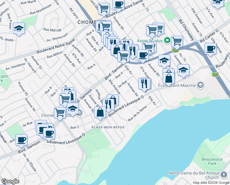 map of restaurants, bars, coffee shops, grocery stores, and more near 4030 3e Rue in Laval