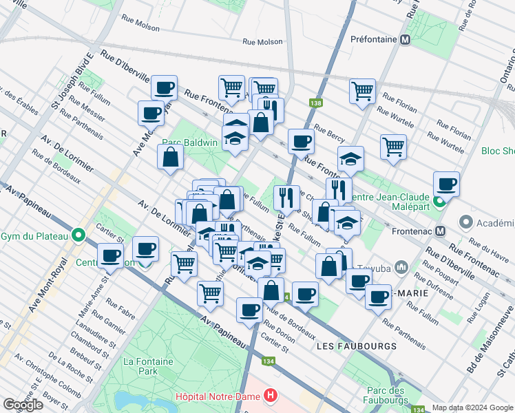 map of restaurants, bars, coffee shops, grocery stores, and more near 3506 Rue Fullum in Montréal